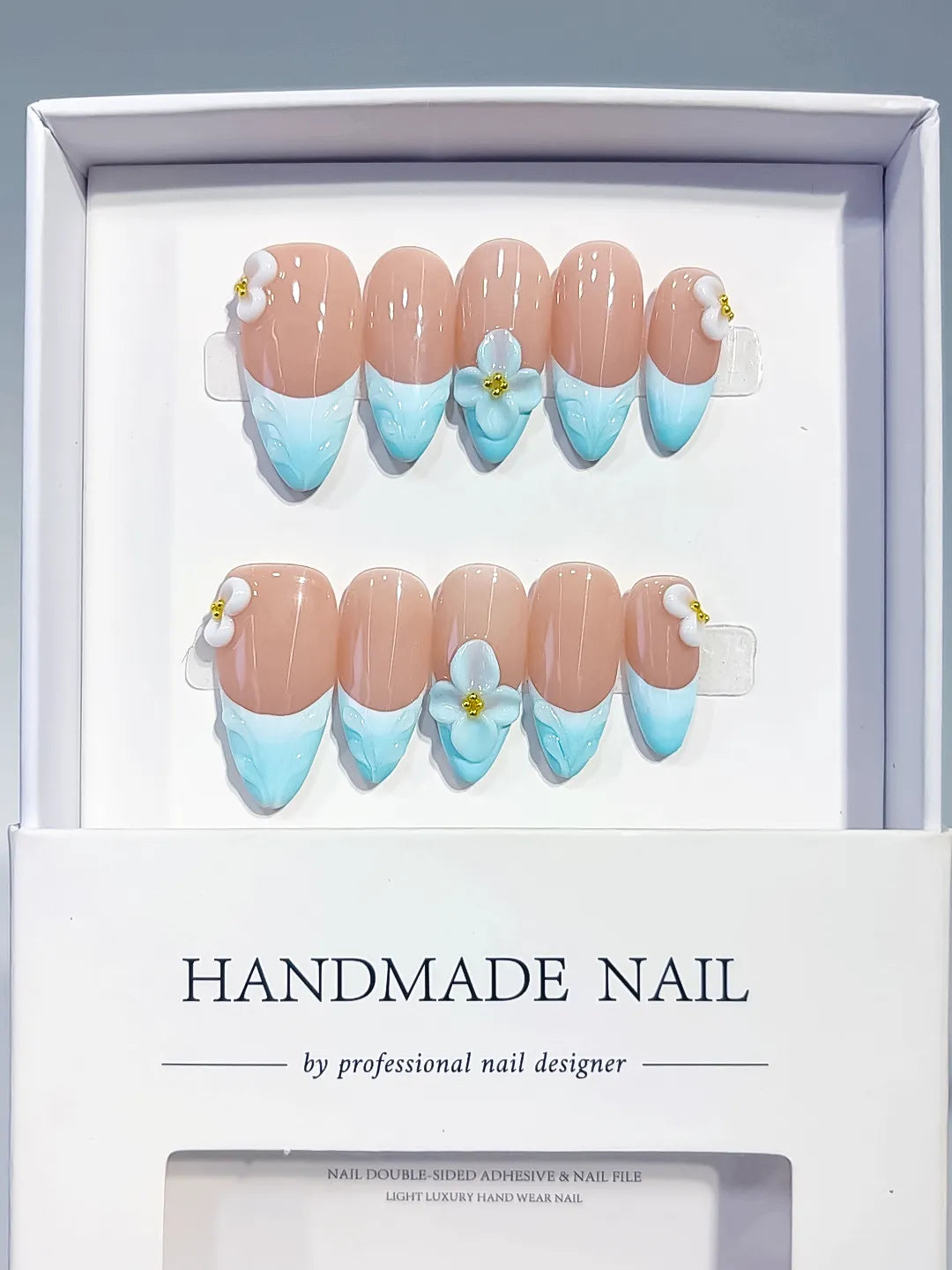 Medium Nude Blue Almond French tip Flower Bow