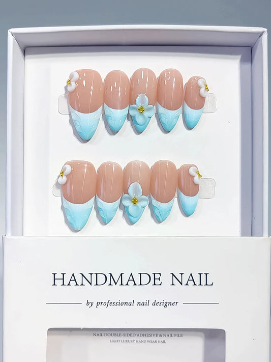 Medium Nude Blue Almond French tip Flower Bow
