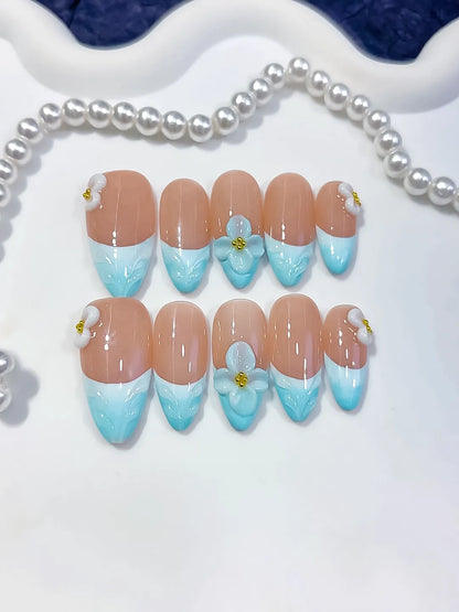Medium Nude Blue Almond French tip Flower Bow