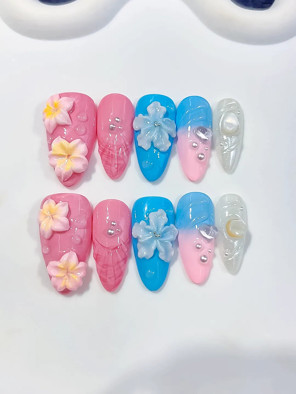 Medium Pink Blue Almond Abstract Flower Shell