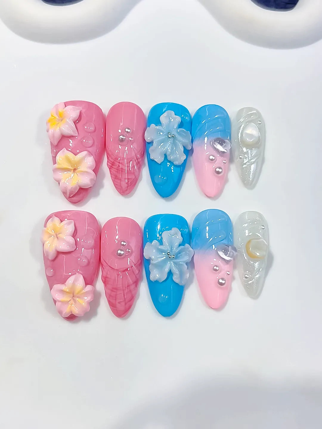 Medium Pink Blue Almond Abstract Flower Shell