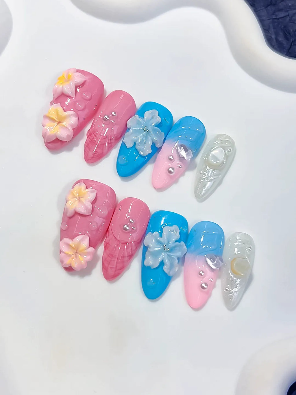 Medium Pink Blue Almond Abstract Flower Shell