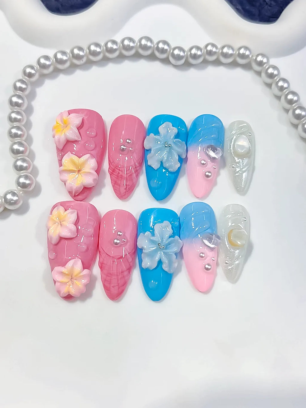 Medium Pink Blue Almond Abstract Flower Shell