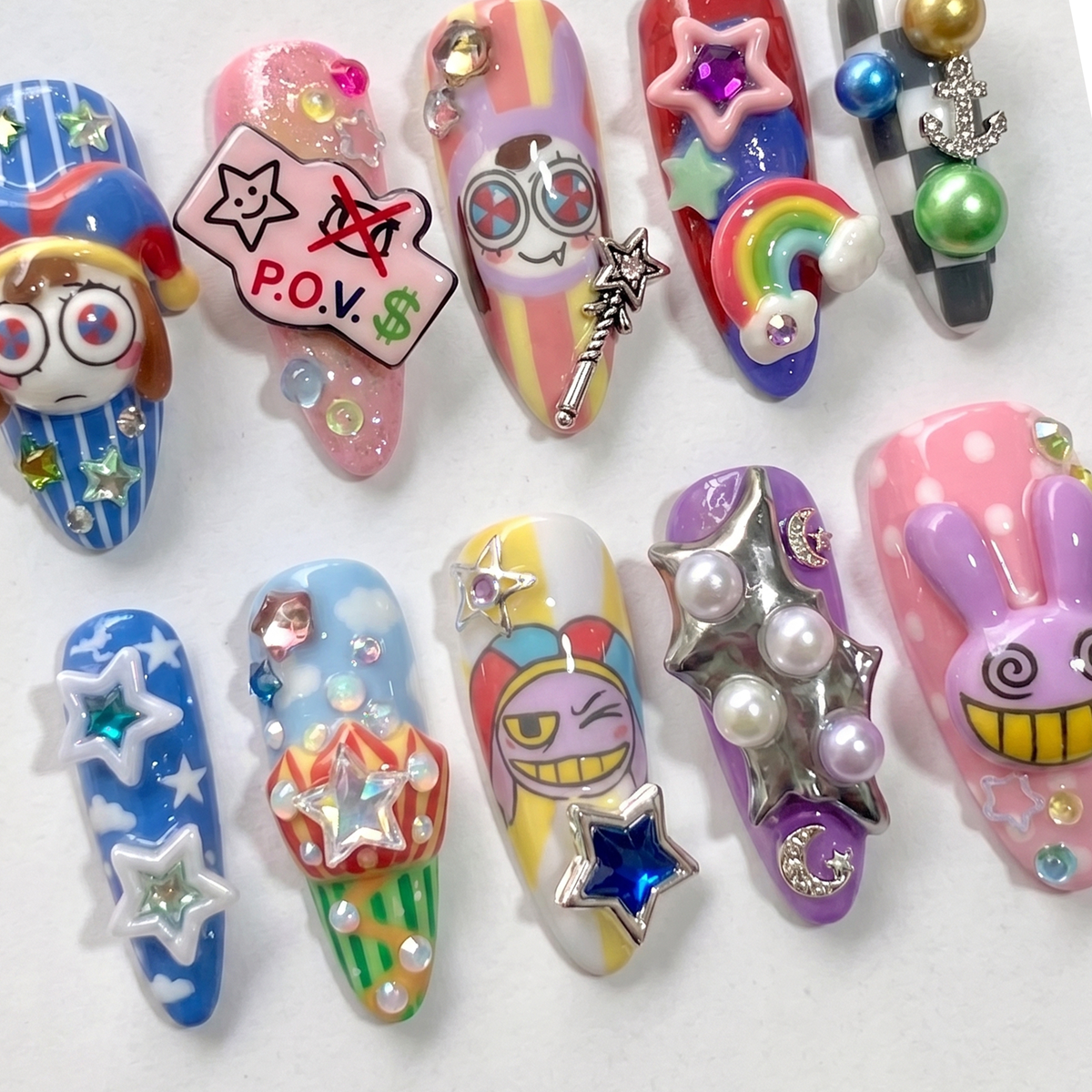Whimsical 3D Cartoon Press On Nails, Cute Jester & Purple Bunny Fake Nails Handpainted