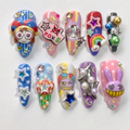 Whimsical 3D Cartoon Press On Nails, Cute Jester & Purple Bunny Fake Nails Handpainted