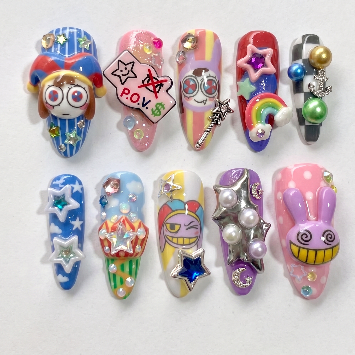 Whimsical 3D Cartoon Press On Nails, Cute Jester & Purple Bunny Fake Nails Handpainted