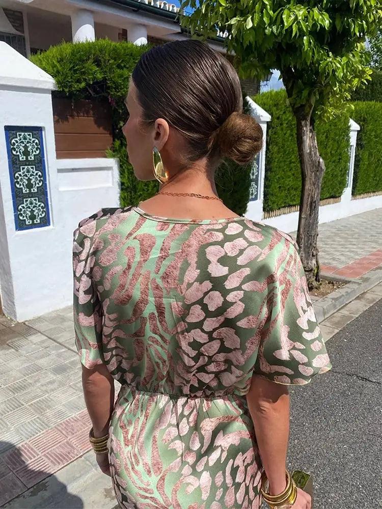 Elegant Floral Midi Dress for Women – V-Neck, Short Sleeve, Pleated