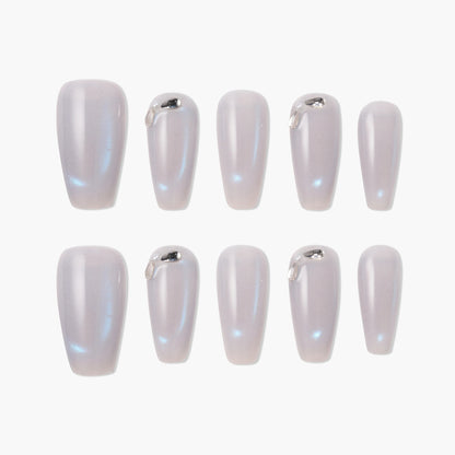 Icy Pearl Glow (Coffin) Reusable Press On Nails