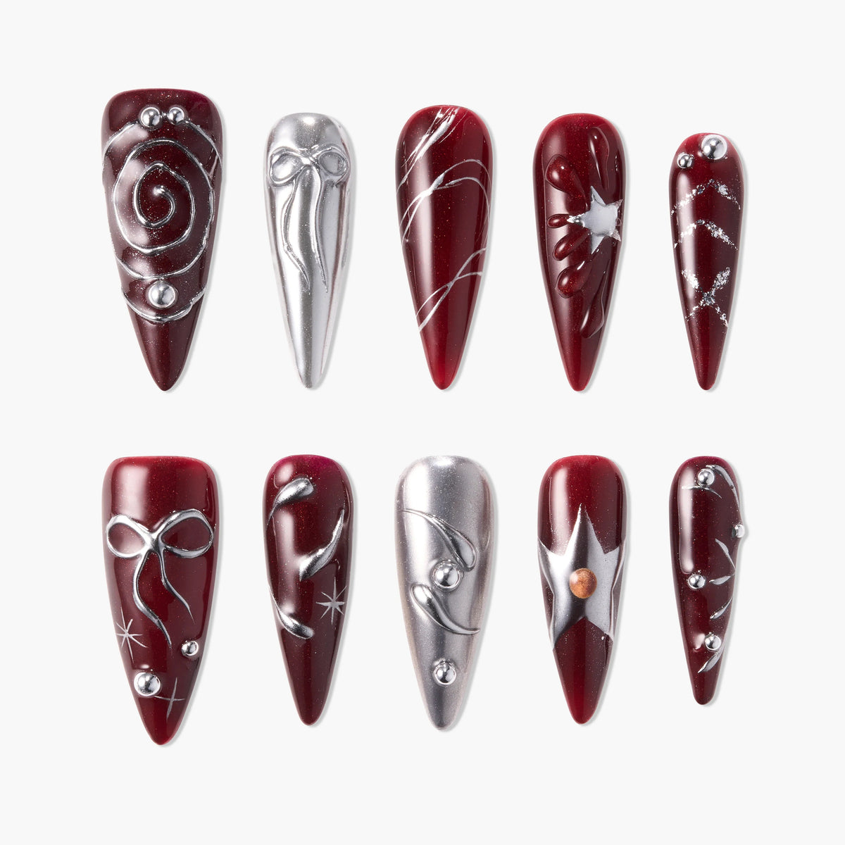 Crimson Charm (Stiletto) Reusable Press On Nails