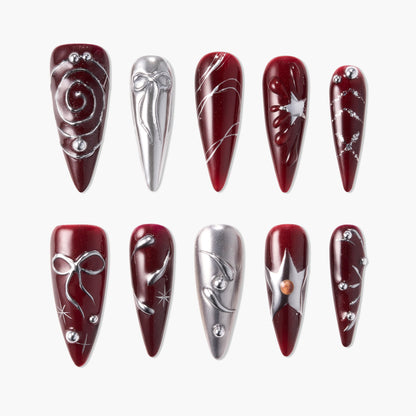 Crimson Charm (Stiletto) Reusable Press On Nails