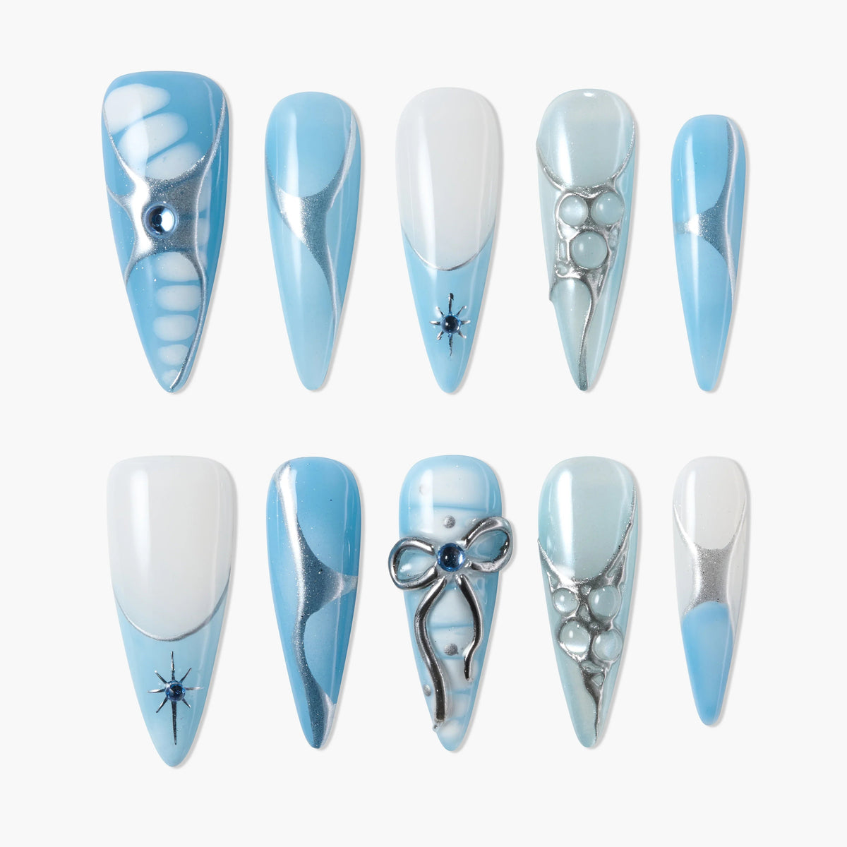 Blue Nova Ribbon Reusable Press On Nails