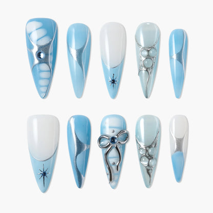 Blue Nova Ribbon Reusable Press On Nails