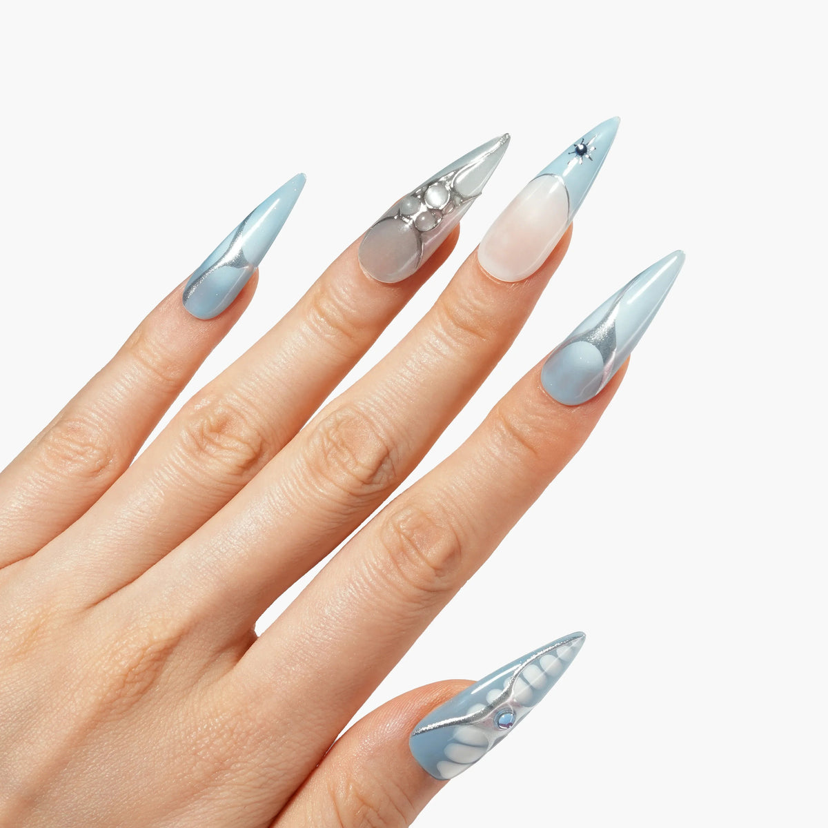 Blue Nova Ribbon Reusable Press On Nails