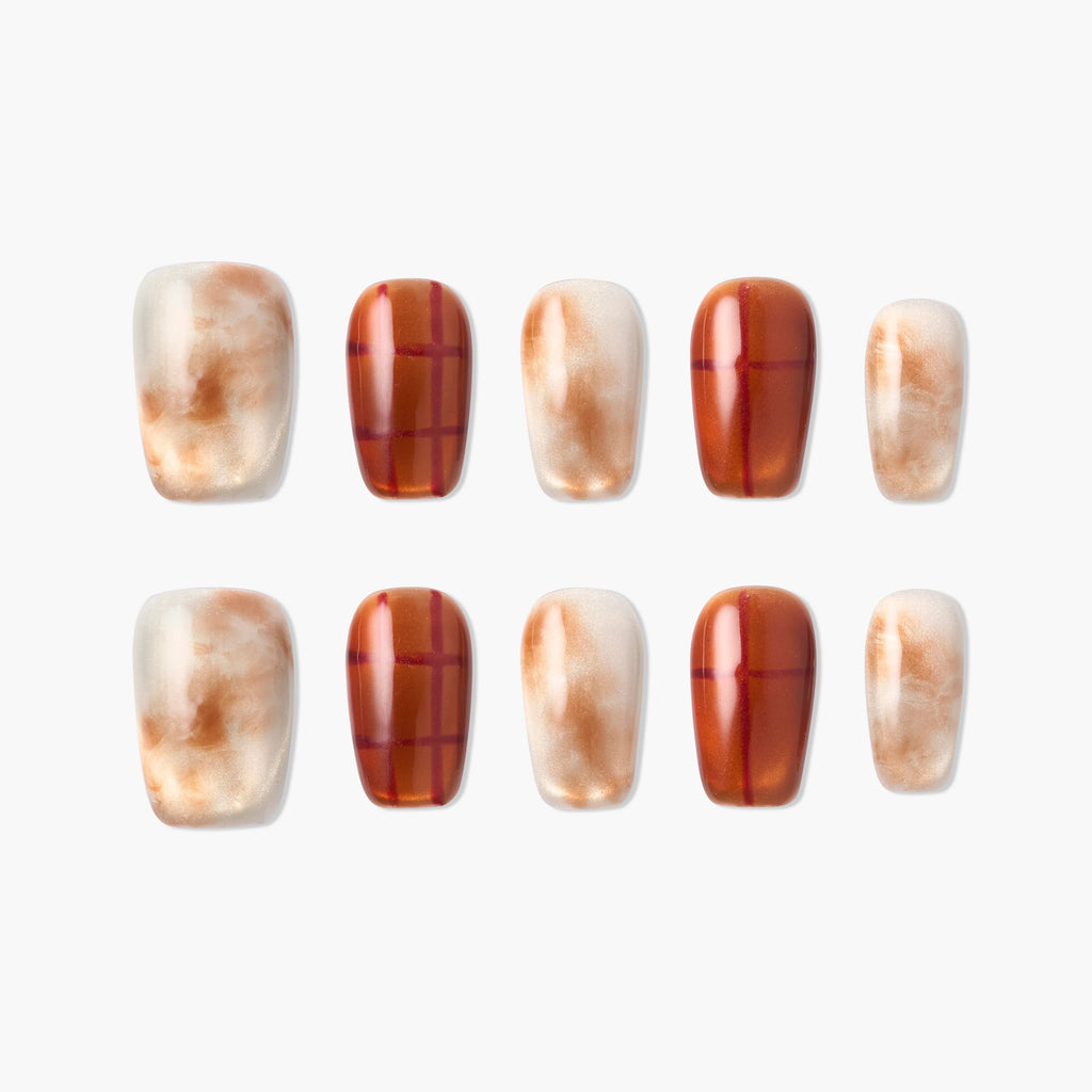 Amber Plaid Veil Reusable Press On Nails
