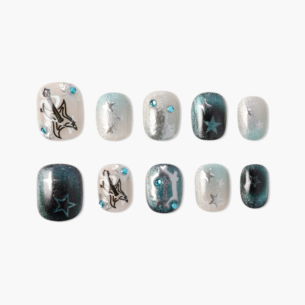 Celestial Teal Omen Reusable Press On Nails