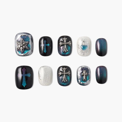 Midnight Relic Cross Reusable Press On Nails