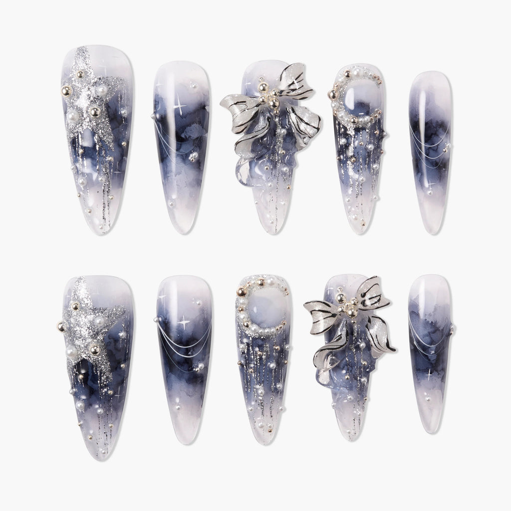 Starlight Veil Bow (Stiletto) Reusable Press On Nails