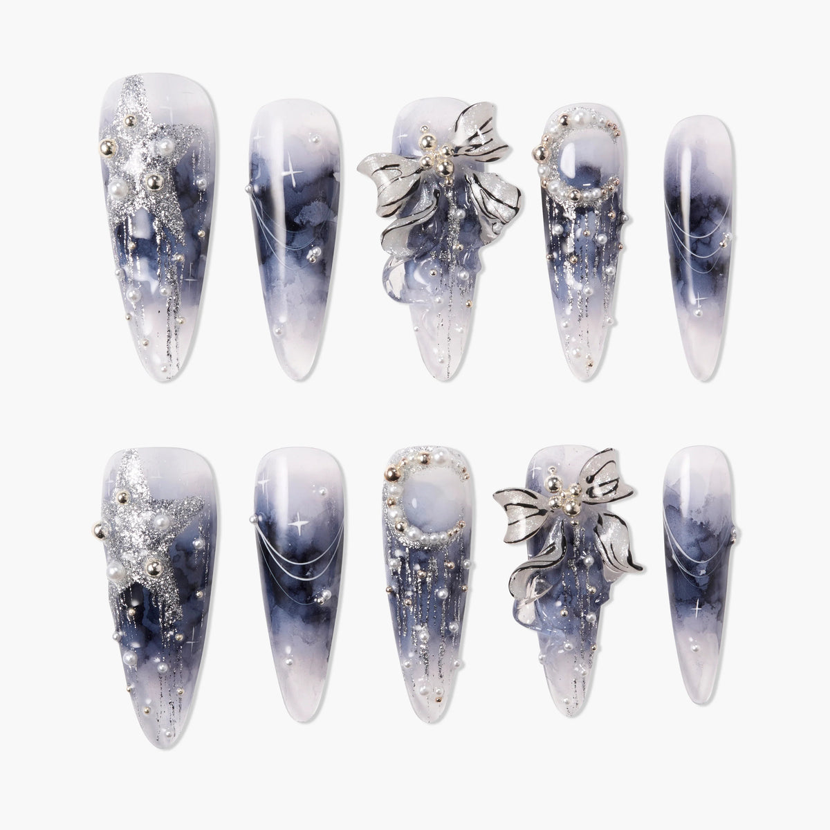 Starlight Veil Bow (Stiletto) Reusable Press On Nails