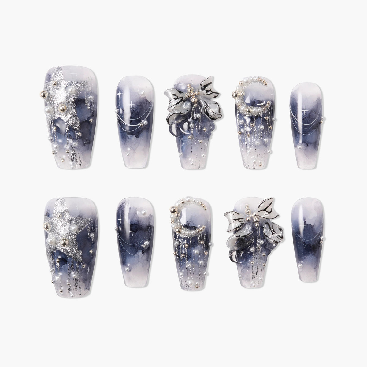 Starlight Veil Bow (Coffin) Reusable Press On Nails