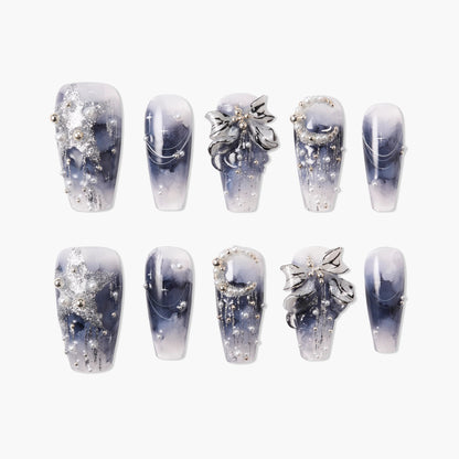 Starlight Veil Bow (Coffin) Reusable Press On Nails
