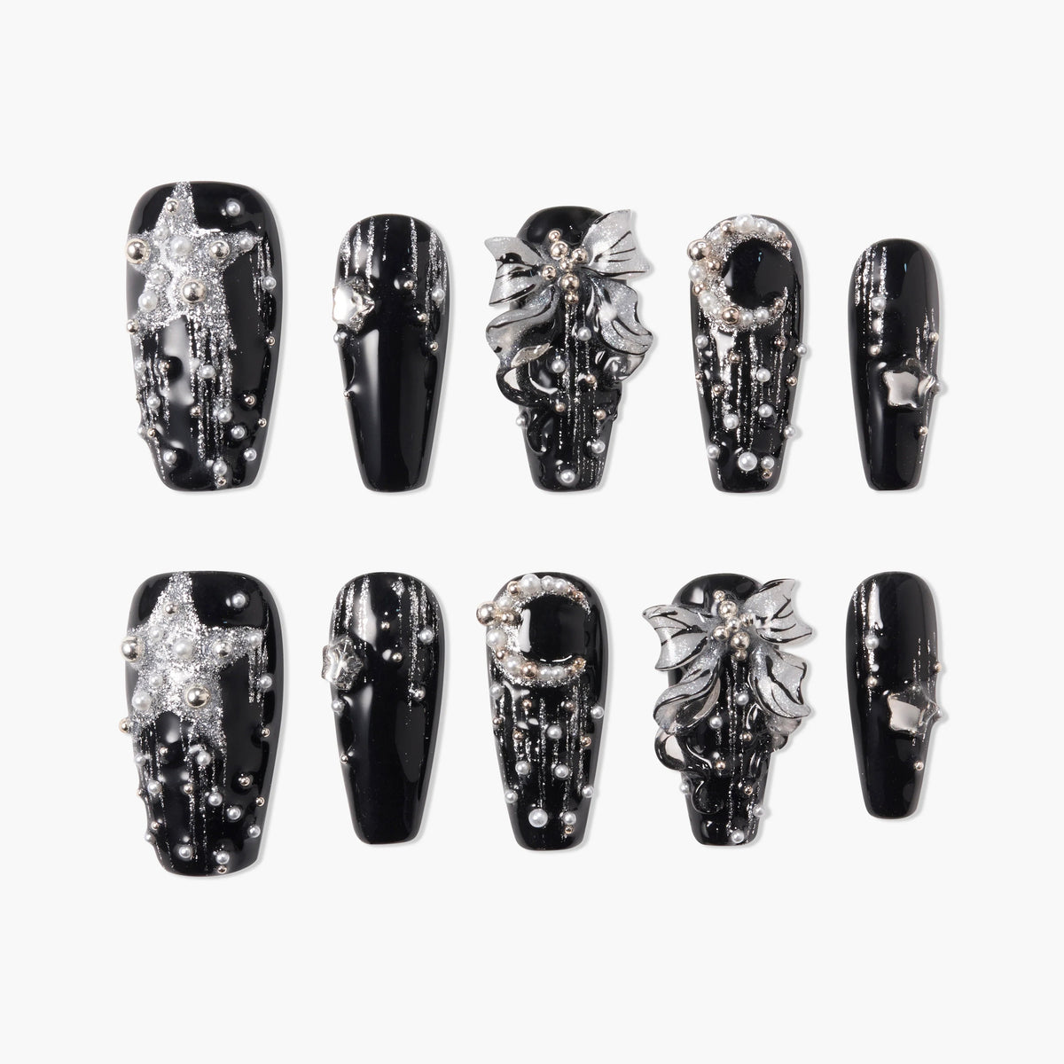 Black Starlight Bow (Coffin) Reusable Press On Nails