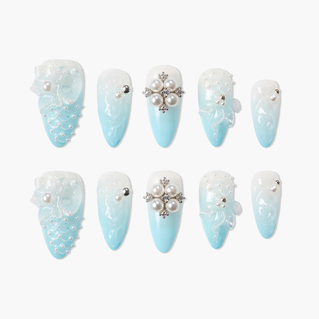 Aqua Pearl Bloom Reusable Press On Nails