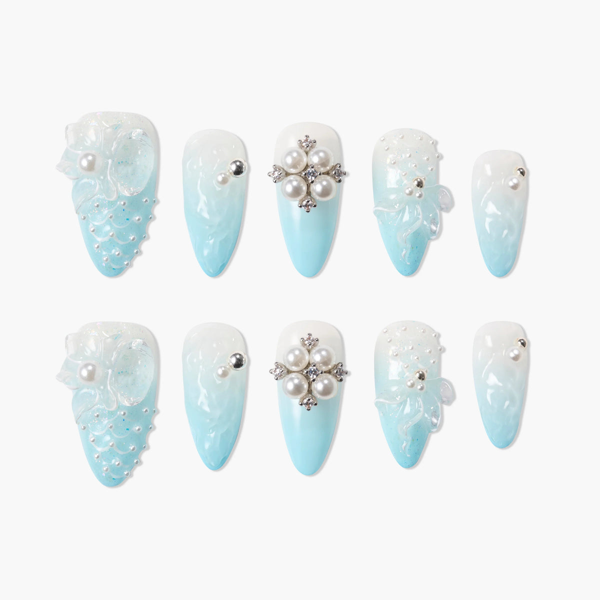 Aqua Pearl Bloom Reusable Press On Nails