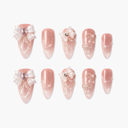 Pink Ribbon Pearl Reusable Press On Nails