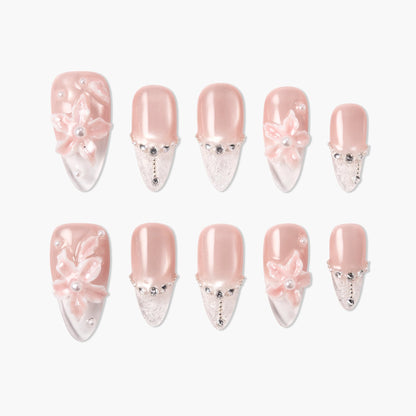 Blush Petal Crystal Reusable Press On Nails