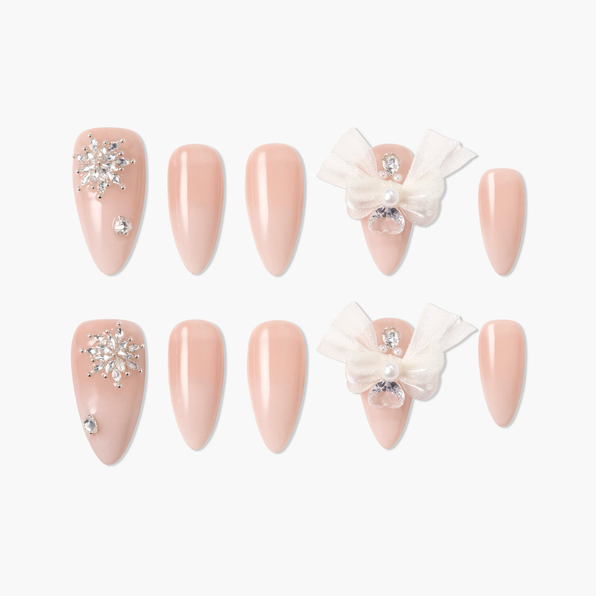 Ivory Bow Crystal Reusable Press On Nails