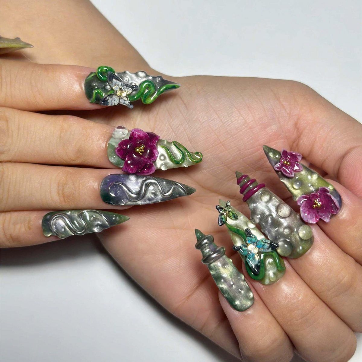 Enchanted Forest Press On Nails, Emerald Snake Butterfly Nail Set, Fantasy Botanical