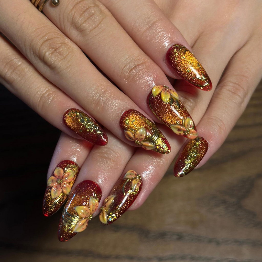 Fall Press On Nails, Burgundy Gold Nails, 3D Floral Nails, Luxury Autumn Nails, Handmade