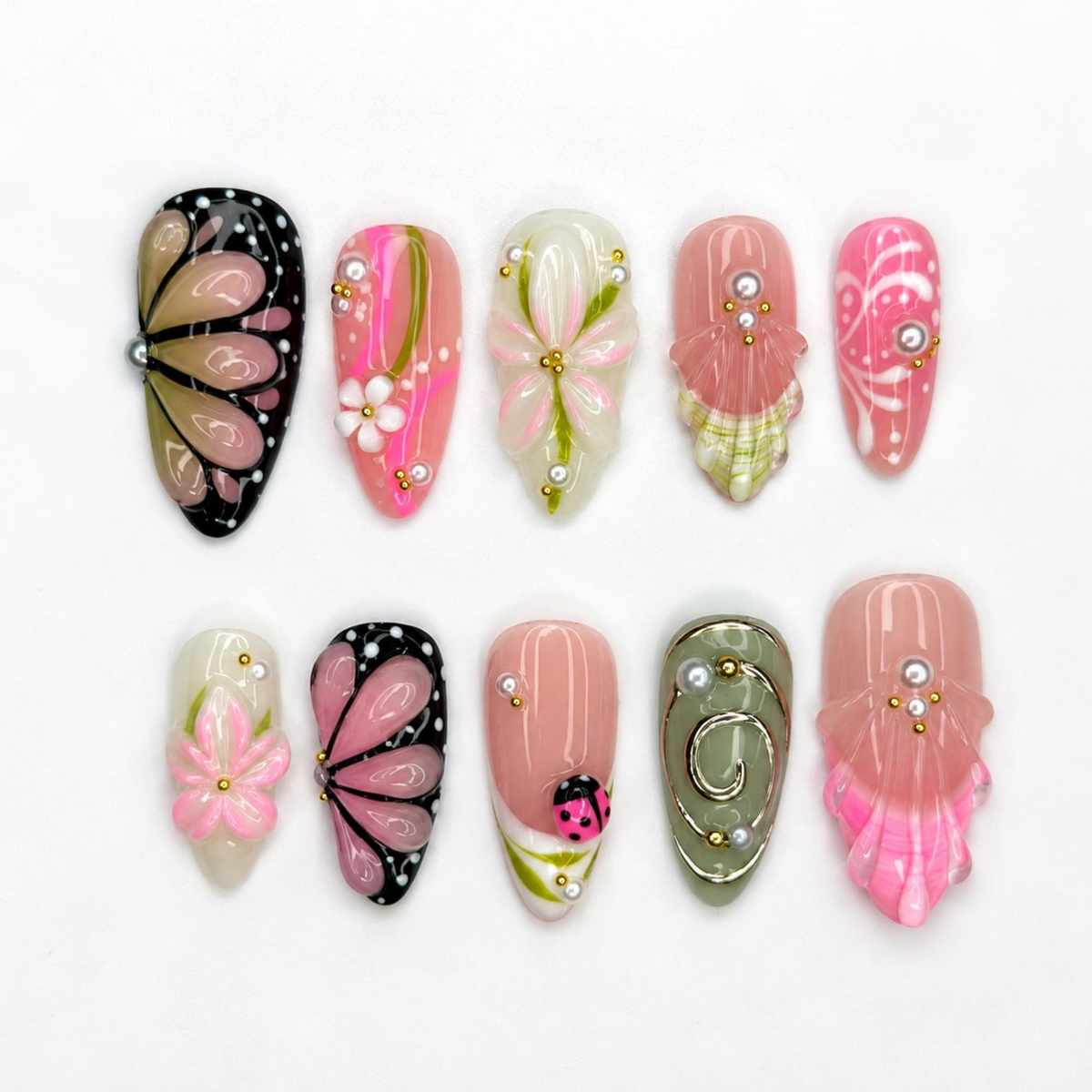 Fall Press On Nails with 3D Flowers , Pink Butterfly Nail Art . Handmade Botanical Nails