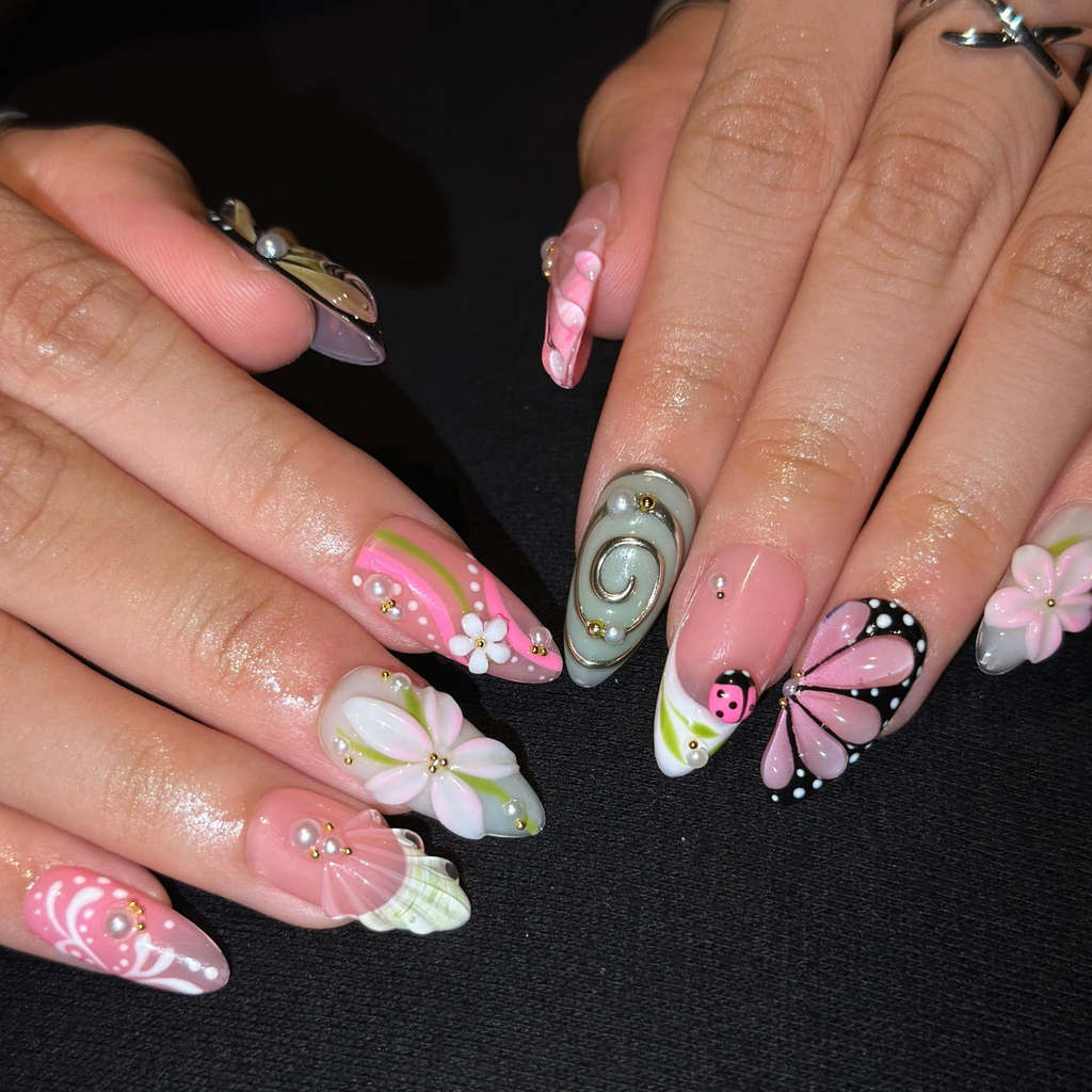 Fall Press On Nails with 3D Flowers , Pink Butterfly Nail Art . Handmade Botanical Nails