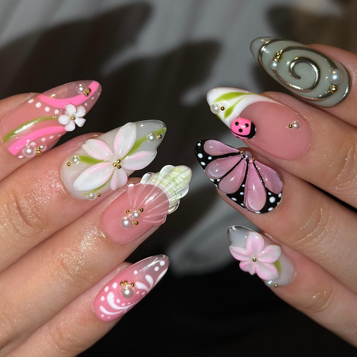 Fall Press On Nails with 3D Flowers , Pink Butterfly Nail Art . Handmade Botanical Nails