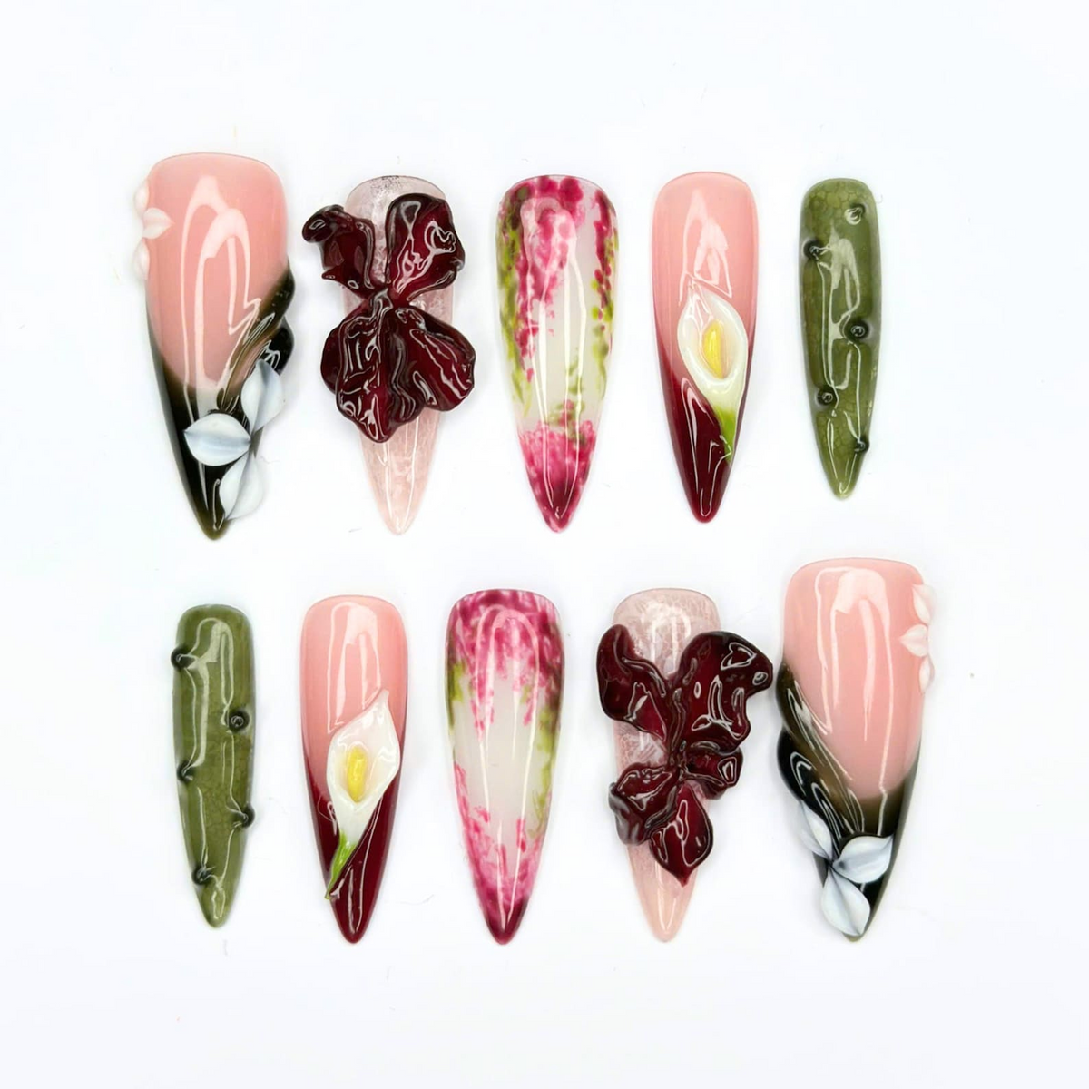 Floral Press On Nails with 3D Burgundy Flowers, Calla Lily & Olive Green Art, Botanical