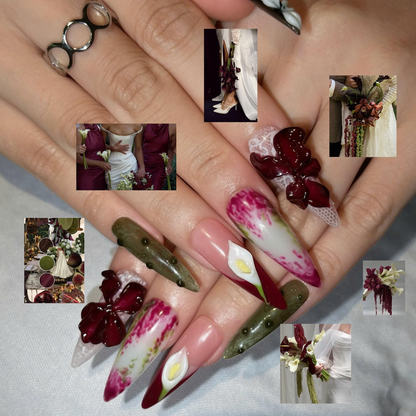 Floral Press On Nails with 3D Burgundy Flowers, Calla Lily & Olive Green Art, Botanical