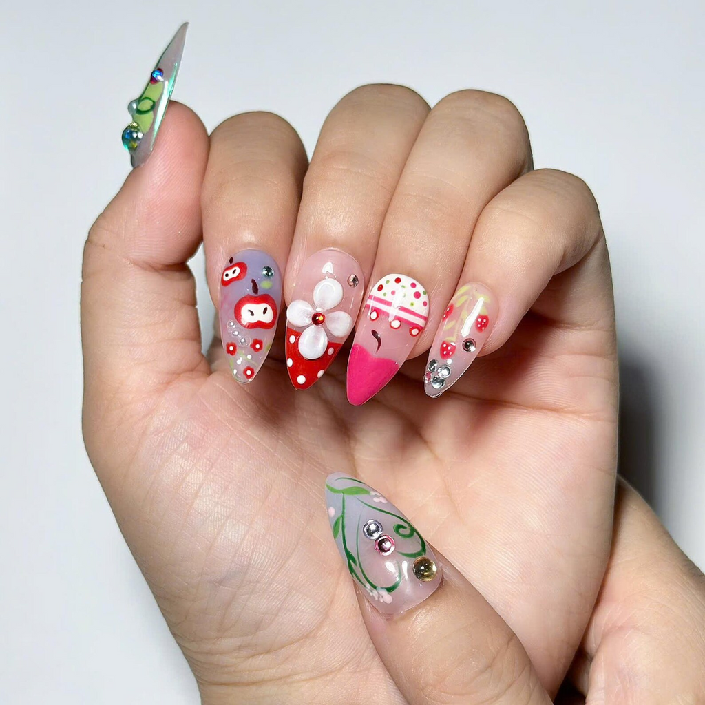 Fruit Aesthetic Press On Nails, Strawberry Apple Nails, Kawaii Press On Nails, Cute