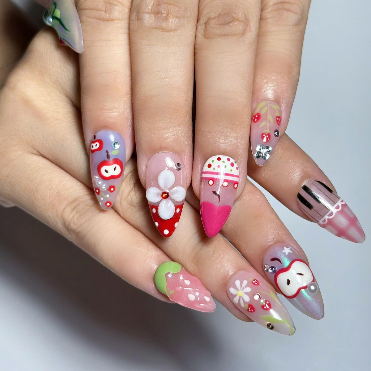 Fruit Aesthetic Press On Nails, Strawberry Apple Nails, Kawaii Press On Nails, Cute