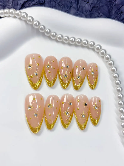 Medium Nude Gold Almond French tip Rhinestone