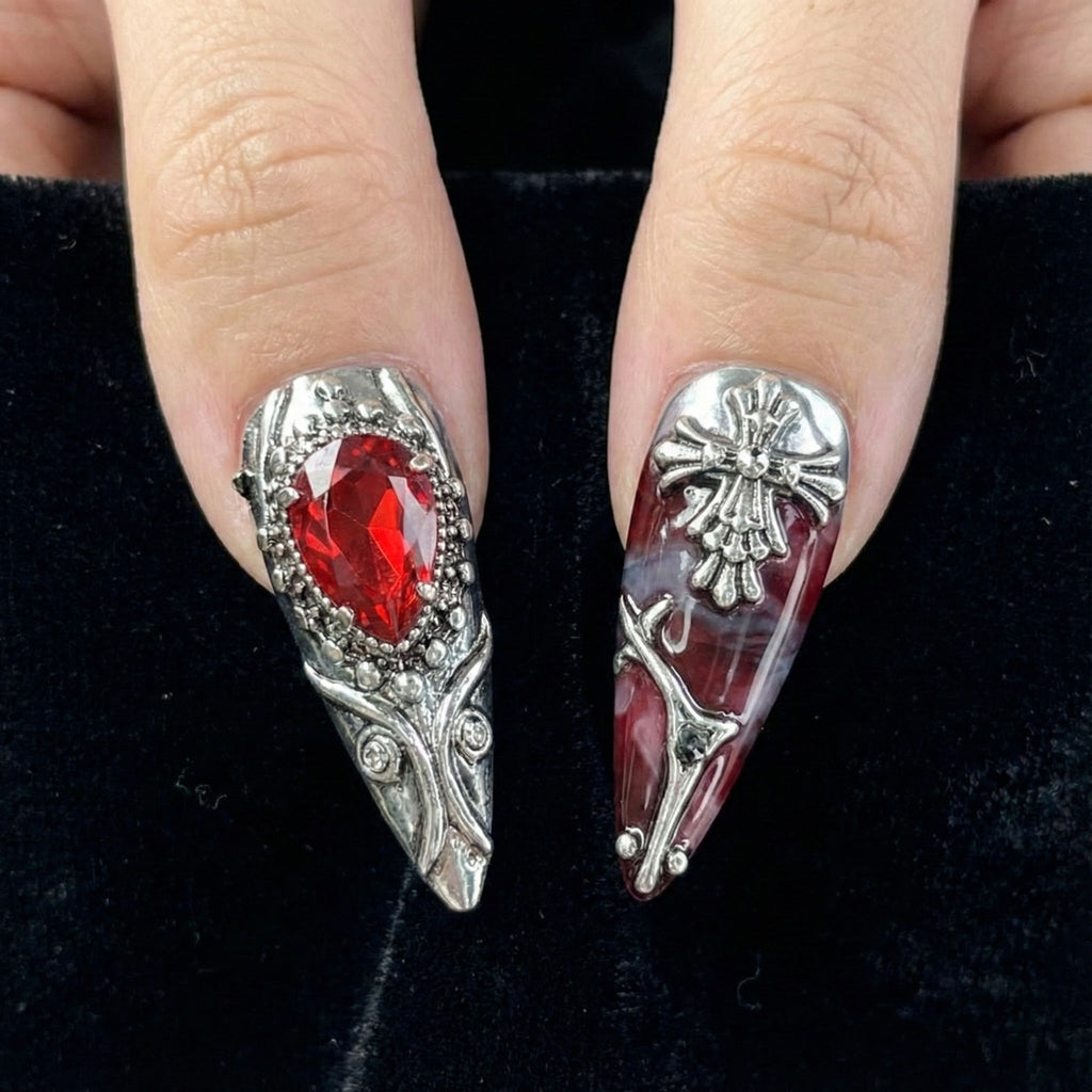 Gothic Blood Cross Press On Nails Dark Red Medieval Nails Silver Armor Nail Art Gothic Cross Statement Nails