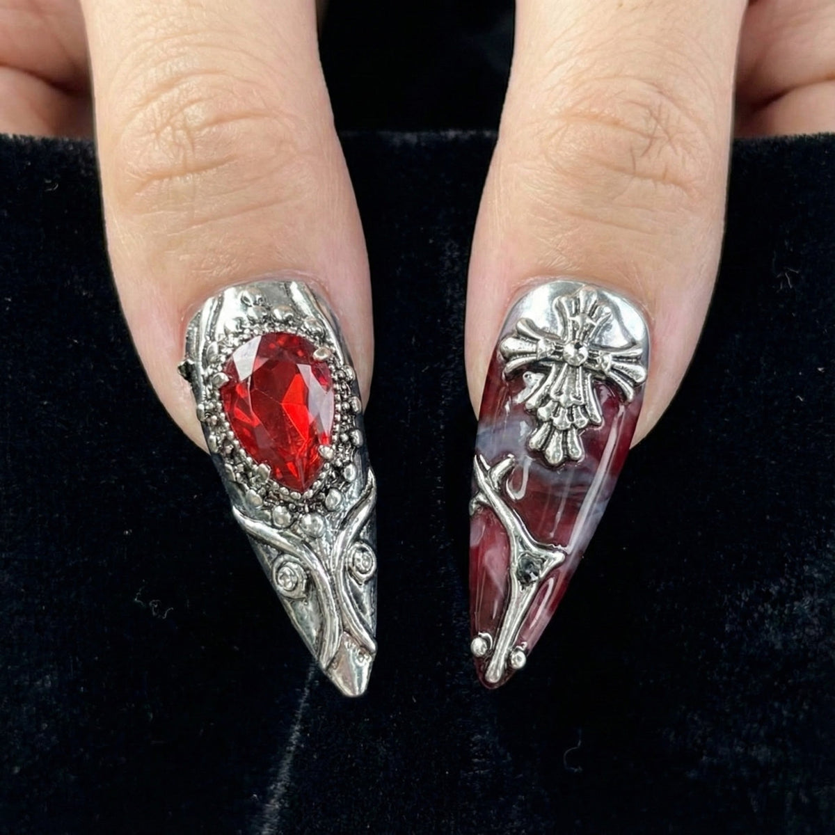 Gothic Blood Cross Press On Nails Dark Red Medieval Nails Silver Armor Nail Art Gothic Cross Statement Nails