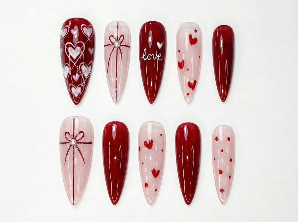 Valentine’s Day Heart Press On Nails Red & Pink Romantic Nail Set Handmade Gift for Girlfriend Elegant Stiletto Fake Nails