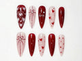 Valentine’s Day Heart Press On Nails Red & Pink Romantic Nail Set Handmade Gift for Girlfriend Elegant Stiletto Fake Nails