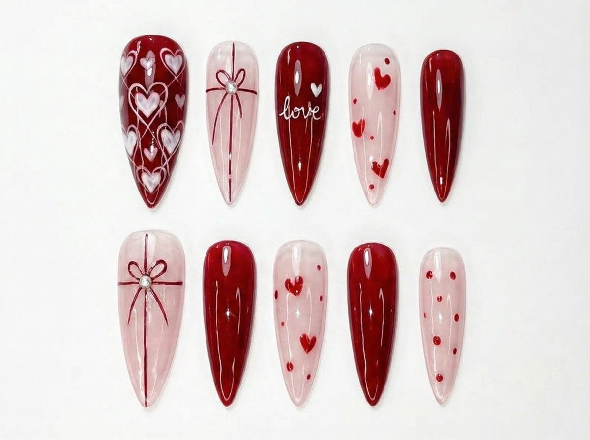 Valentine’s Day Heart Press On Nails Red & Pink Romantic Nail Set Handmade Gift for Girlfriend Elegant Stiletto Fake Nails