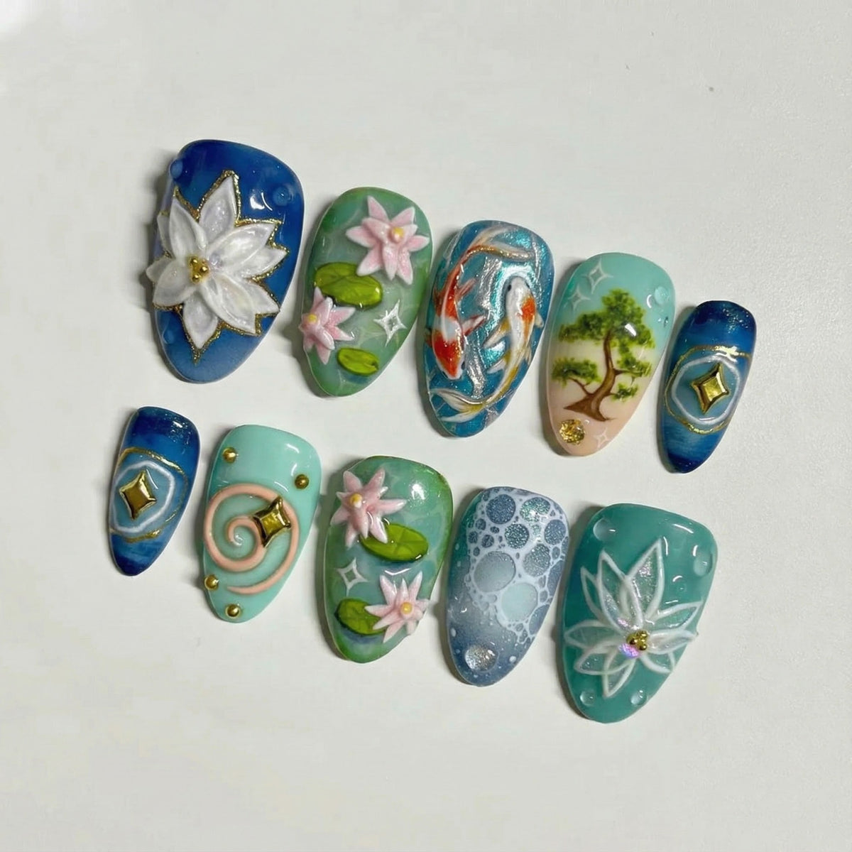 Lotus Koi Serenity Press On Nails Zen Pond Nail Art Koi Fish & Lotus Flower Nails Nature Inspired Press Ons