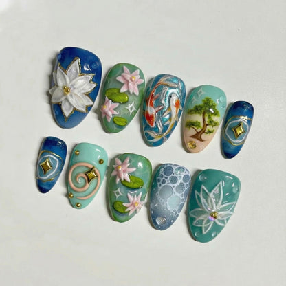 Lotus Koi Serenity Press On Nails Zen Pond Nail Art Koi Fish & Lotus Flower Nails Nature Inspired Press Ons