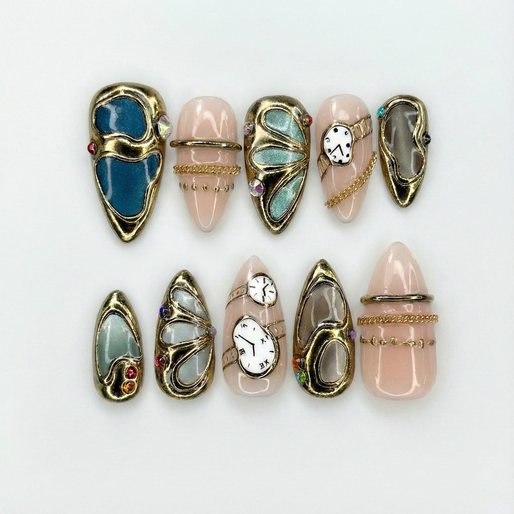 Opulent Gold Luxury Press On Nails Vintage Watch Gothic Nail Art Gold Frame Clock Inspired Nail Set
