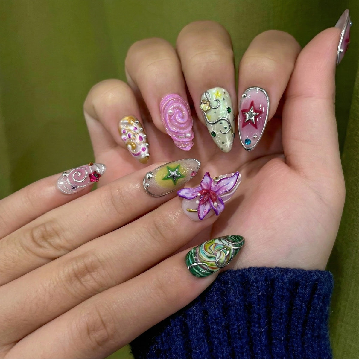 Spring Fairy Garden Press On Nails Colorful 3D Floral Nail Art Fantasy Galaxy Press Ons Handmade Statement Nails