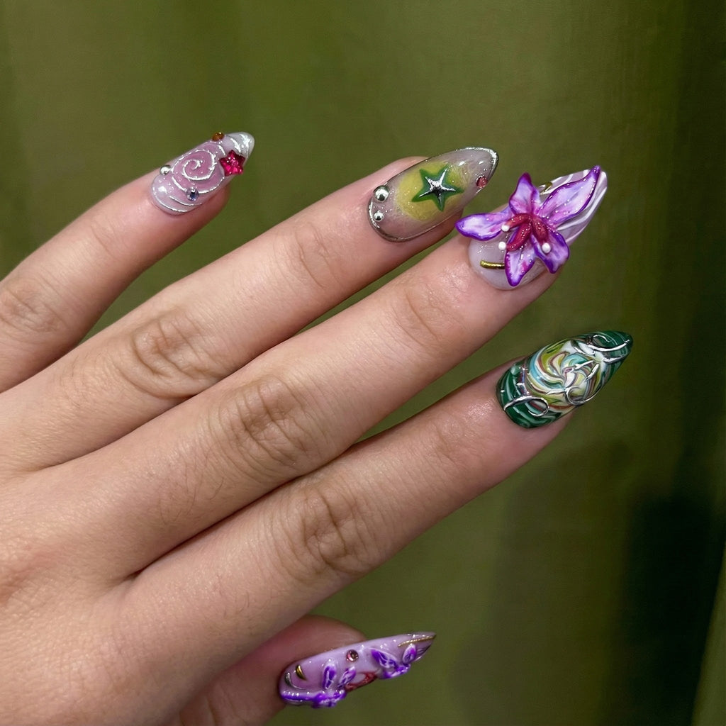 Spring Fairy Garden Press On Nails Colorful 3D Floral Nail Art Fantasy Galaxy Press Ons Handmade Statement Nails